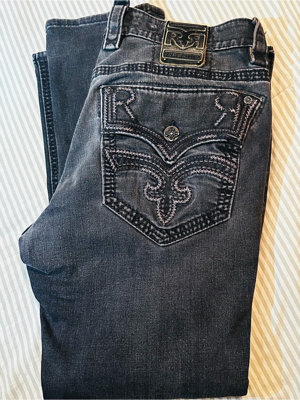 Mens Gray Rock Revival Triton Slim Straight Fit Jeans Size 38
